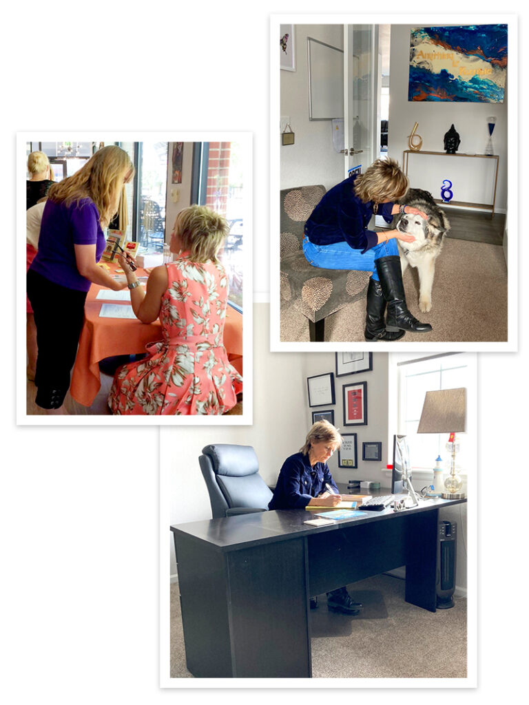 Photo collage of Lori at her desk, at a book signing, and loving on her dog, Kiska